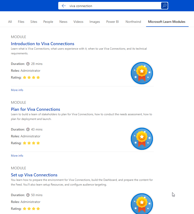 Microsoft Learn Modules in Search