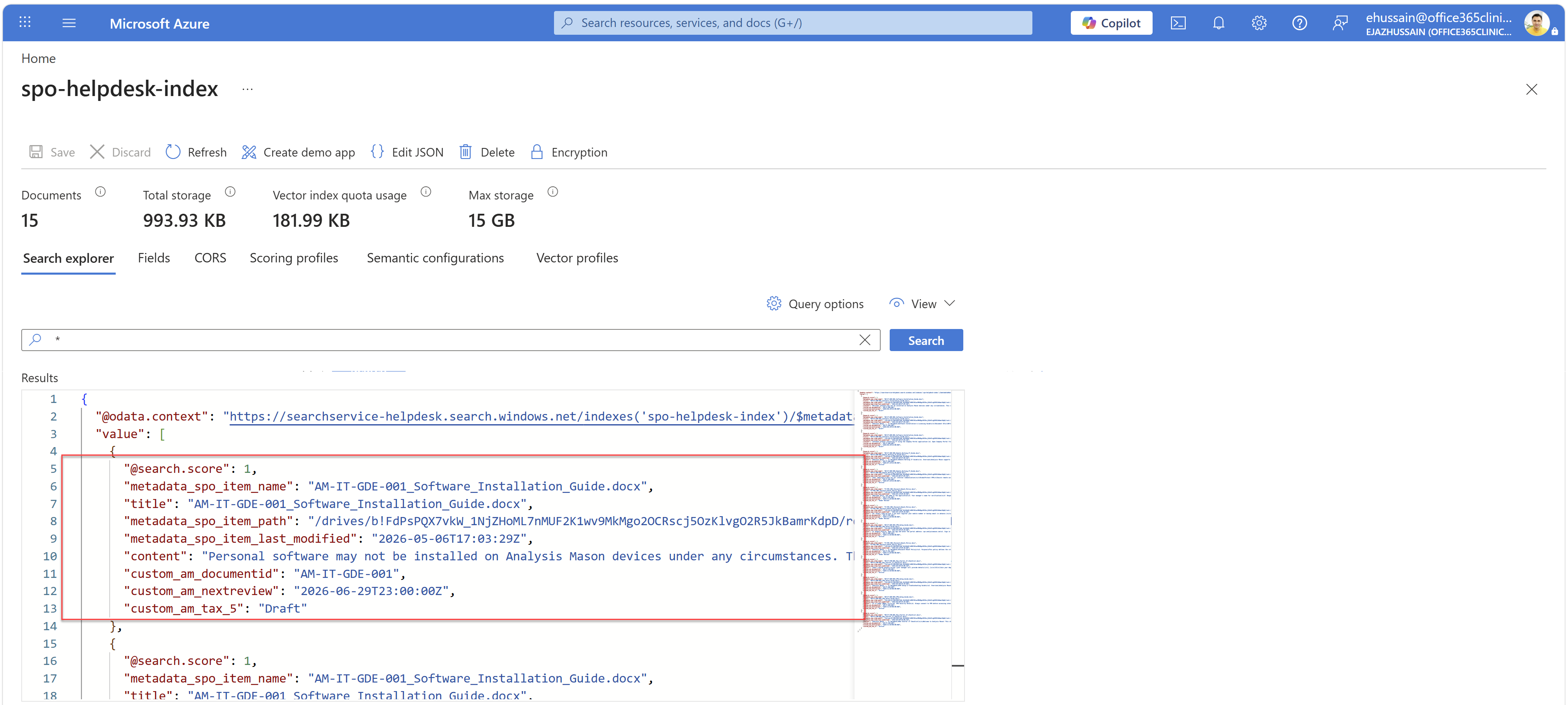 Azure AI Search index schema showing filterable custom fields