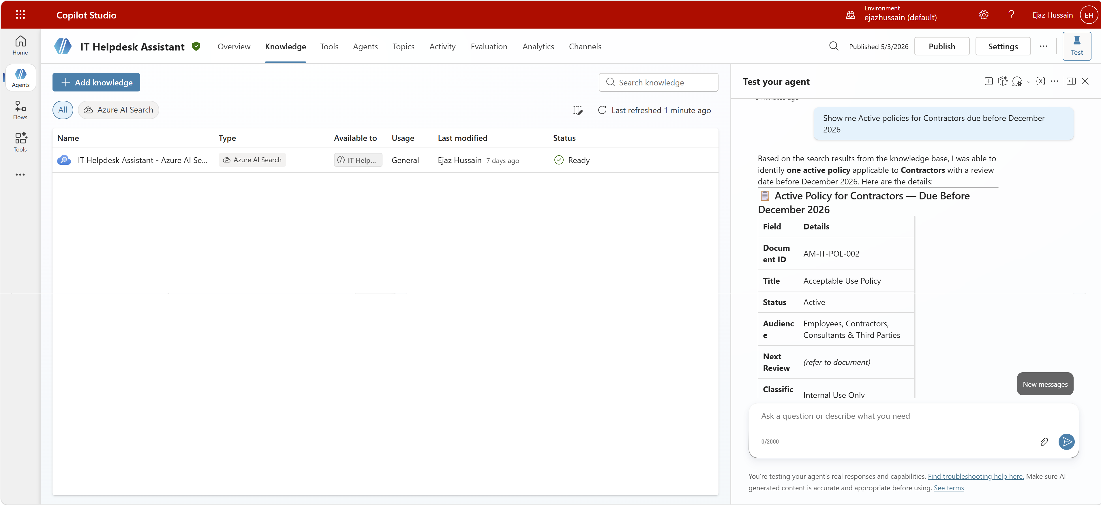 Copilot Studio agent correctly answering the metadata-filtered query after Azure AI Search fix
