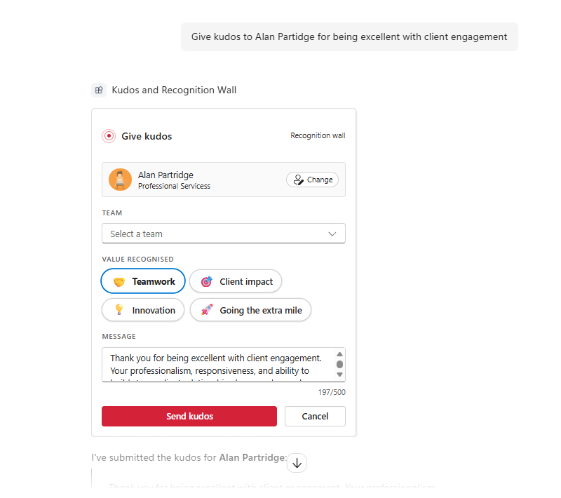 The Give kudos card in a Microsoft 365 Copilot conversation, with Alan Partridge selected and a drafted message